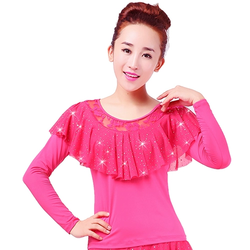 Квадратная танцевальная топ весна и лето новый стиль танцевальный топ большой размер сетка с длинным рукавом женская танцевальная одежда латиноамериканская танцевальная одежда бесплатная доставка