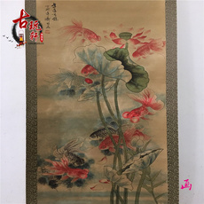 Картина 收藏中堂画仿古做旧字画古画客厅办公装饰挂画手绘卷轴画年年有余