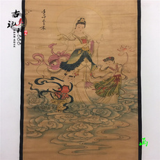 Картина 古董仿古做旧字画国画古画名人书法双童观音中堂画客厅办公装饰画