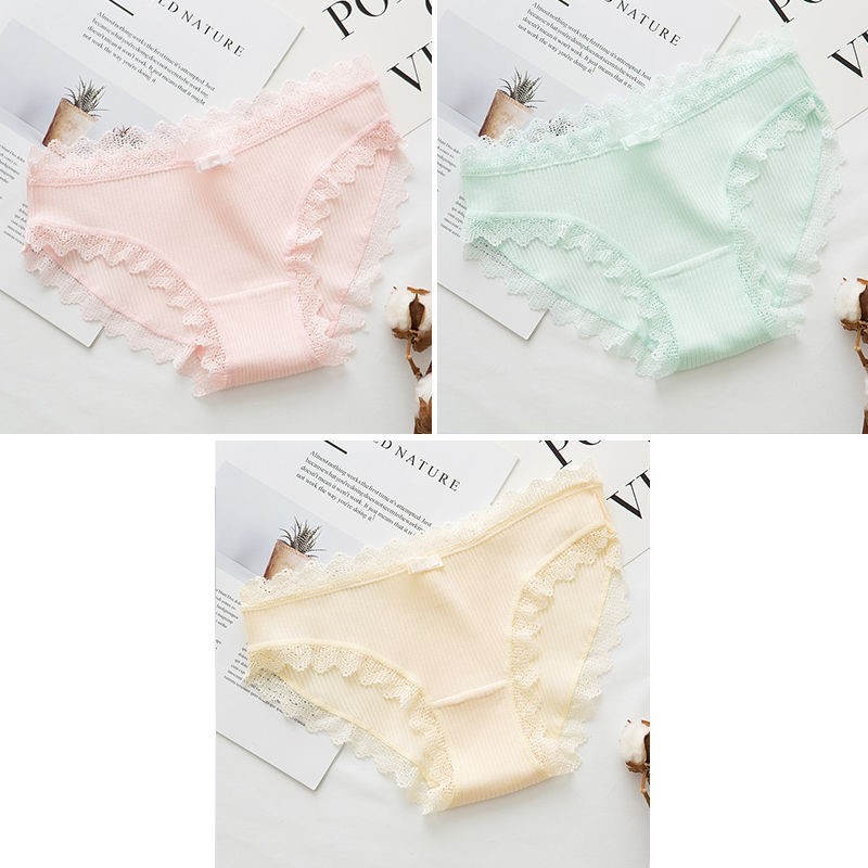 039 Tender Powder + Tender Yellow + Milk Green2 strip / 3 strip ma'am underpants female pure cotton solar system Korean version Cotton girl student middle-waisted girl student Lace Briefs
