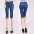 Mùa hè của phụ nữ phần mỏng jeans cắt quần eo cao Slim kích thước lớn stretch 7 điểm quần slim straight ống túm