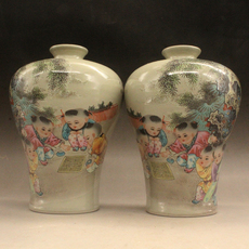 Бутылка (一对）清光绪粉彩婴戏图梅瓶 古玩古董 仿古瓷器 做旧瓷器