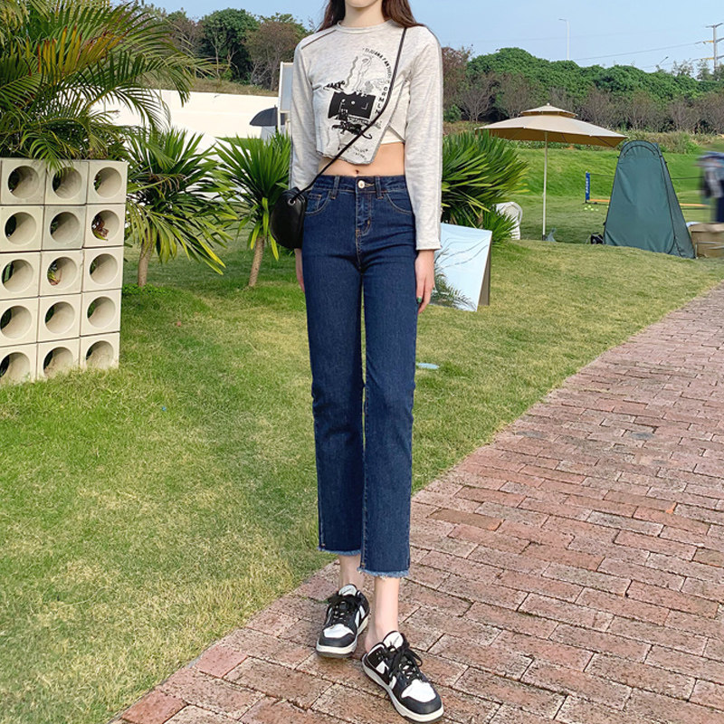 Dark blue cigarette tube straight-leg jeans for women's summer 2022, thin high-waisted pants that show a petite figure details Picture