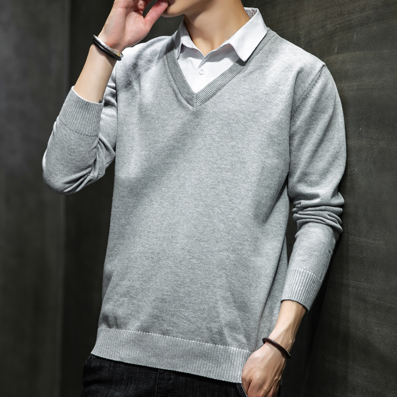 衬衫领毛衣男韩版假领针织衫男士潮流假两件个性打底上衣秋冬线衣
