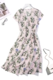 Летнее шелковое элегантное платье с коротким рукавом, розовая длинная юбка, красный (черный) чай, цветочный принт, средней длины, популярно в интернете