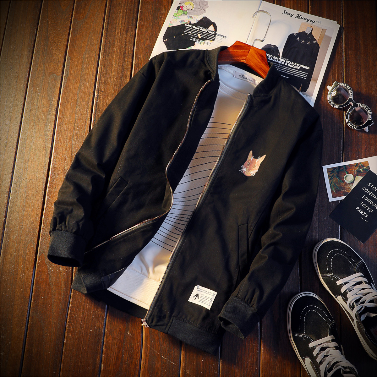 电商a028 7728 100%棉 p65 男士夹克 日系木地板摆拍
