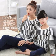 Đồ ngủ cha mẹ trẻ em cotton mùa hè sọc và mùa đông phụ nữ đồ ngủ dài tay lớn trẻ em cô gái phục vụ nhà mẹ và bộ đồ con gái