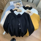 Лонгслив, трикотажный осенний свитер, воротник поло, свободный прямой крой, в корейском стиле