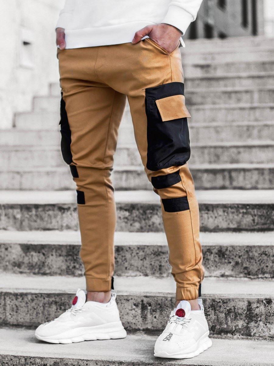 M32-n-khakinew pattern man Self cultivation Sports pants Splicing Tie one's feet Multiple pockets Casual pants Men " s slim trousers