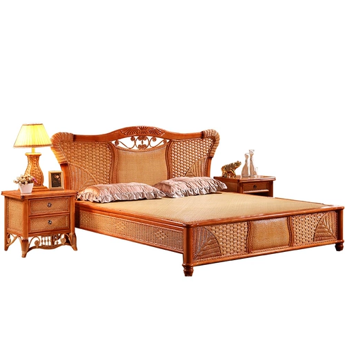 Кровать с твердым древесиной 12 -летняя сплошная кровать с твердым деревом большой кровать в Индонезии Импортированная ротантная лоза Кровать из ротанного кровати ротанное двойное ротанное кровать