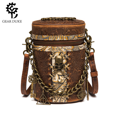 taobao agent Retro leather bucket, small bag, chain, shoulder bag, bag strap, punk style, cowhide