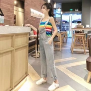 Mùa thu Hàn Quốc thời trang sọc sọc vest + quần yếm denim quần phù hợp với váy thể thao nữ - Trang phục thể thao