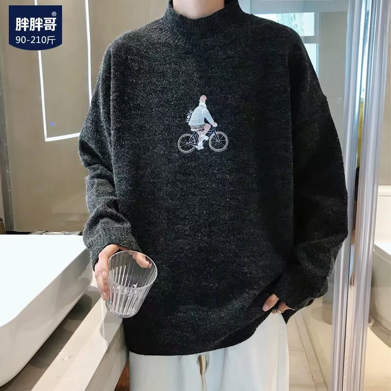 Anh trai béo mới nửa áo len cao cổ nam giản dị cỡ lớn áo len lỏng áo khoác Hàn Quốc quần áo nam - Áo len cổ tròn