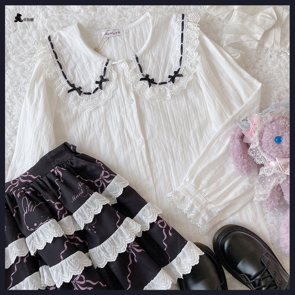 White Black Ribbonself-control  girl bow Water soluble Lace lovely lace cotton material jacquard weave shirt * White system *