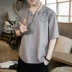 Phong cách trung quốc Tang phù hợp với Hanfu thêu mặt linen t-shirt nam Trung Quốc cotton ngắn tay thanh niên nằm quốc gia trang phục Trang phục dân tộc