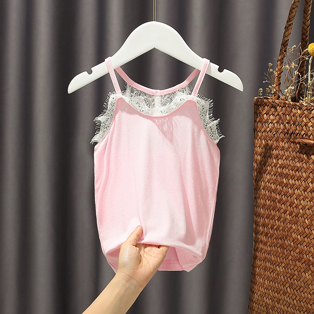 Light PinkChildren fashionable camisole Baby girl Ice silk cotton Thin Lace Foreign style Versatile summer fashion jacket summer wear female tide