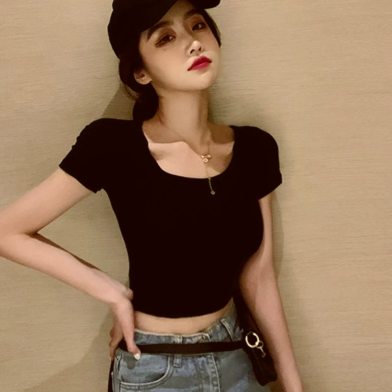 Хлопковая короткая футболка с коротким рукавом, бра, облегающий крой, с коротким рукавом, высокая талия, обтягивающая