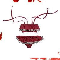 ENYAKIDZ 19SS độc quyền trang trí bóng tóc rượu vang đỏ bikini phù hợp với áo tắm - Đồ bơi trẻ em váy trẻ em