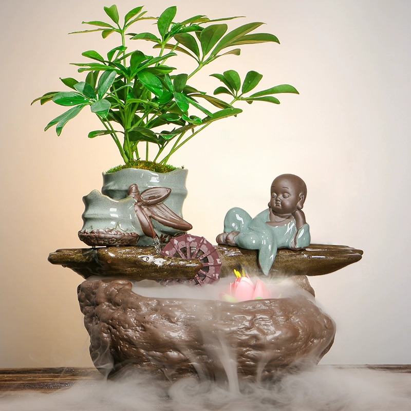 Trang chủ Máy tính để bàn Hoa may mắn Trang trí cây xanh Mới Trung Quốc Trang trí gốm Craft Fountain Water Wheel Creative Gift - Trang trí nội thất