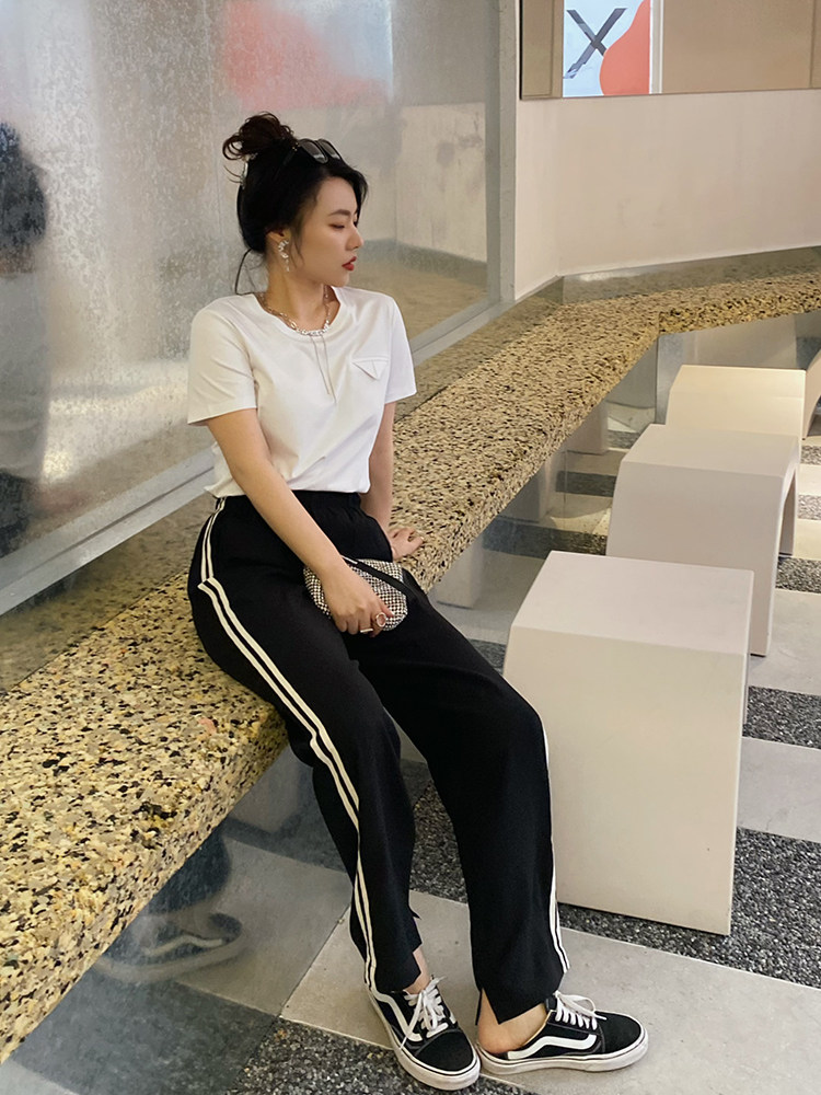 JML Ginger wheat drape air acetate linen side contrasting color high-waisted straight-leg pants Casual pants with elastic waist black versatile