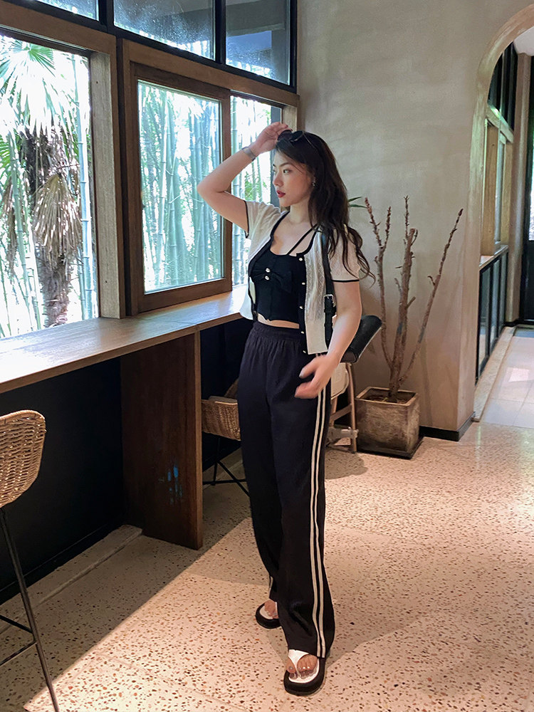 JML Ginger wheat drape air acetate linen side contrasting color high-waisted straight-leg pants Casual pants with elastic waist black versatile Application Scenario