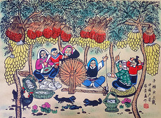 Рисунки акварелью и гуашью 纺线纳鞋底陕西八大怪民俗民间农家乐院户县农民画尺寸52x38cm