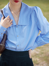 Ручная роспись футболку 雨林纸样ncs24复古娃娃领衬衫女设计感小众泡泡袖翻领长袖衬衫