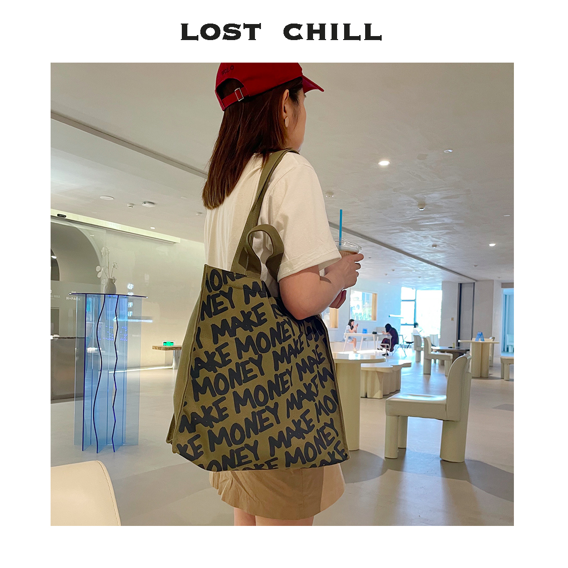 One Shoulder & In StockLostChill-ins Japan and Korea handbag letter Graffiti personality Cool girl male Canvas bag bag Army green Tote Bag