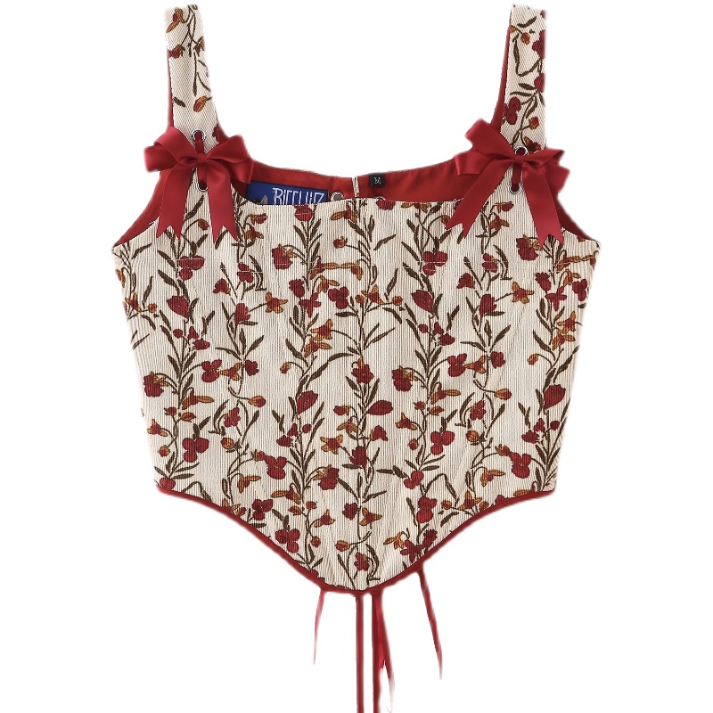 RedRICCHIE original Annie Sweet Big size red bow Bandage Corset printing have cash less than that is registered in the accounts vest hottie spring
