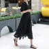 Váy cổ chữ V ngắn tay của Lu Luoan mùa hè phiên bản mới của Hàn Quốc của eo là váy chấm bi mỏng dài váy xòe lớn - Váy eo cao