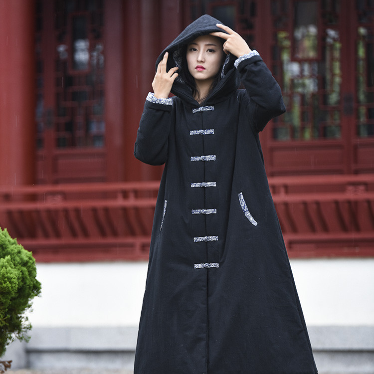 Chinese Style Thicken Overcoat Women Hooded A-line Loose Fit