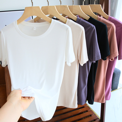 看视频~丝滑如流水！铜氨丝T恤女短袖宽松白色体恤上衣春夏季圆领