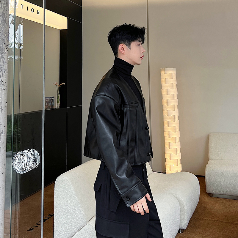 Short Motorcycle Leather Jacket Men's High-end V-neck