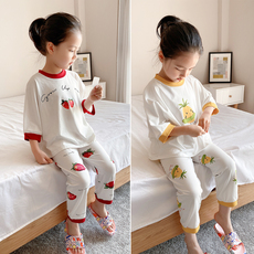 Семейные футболки 亲子款 女士薄款睡衣套装 女童圆领短袖家居睡衣睡裤 夏季