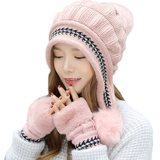 Удерживающие тепло модные шерстяные милые утепленные перчатки, комплект, вязаная шапка, без пальцев
