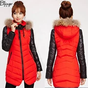 [Phong bì màu đỏ] băng sạch mới chính hãng khâu mỏng xuống áo khoác nữ lớn cổ áo lông thú áo dài chống mùa