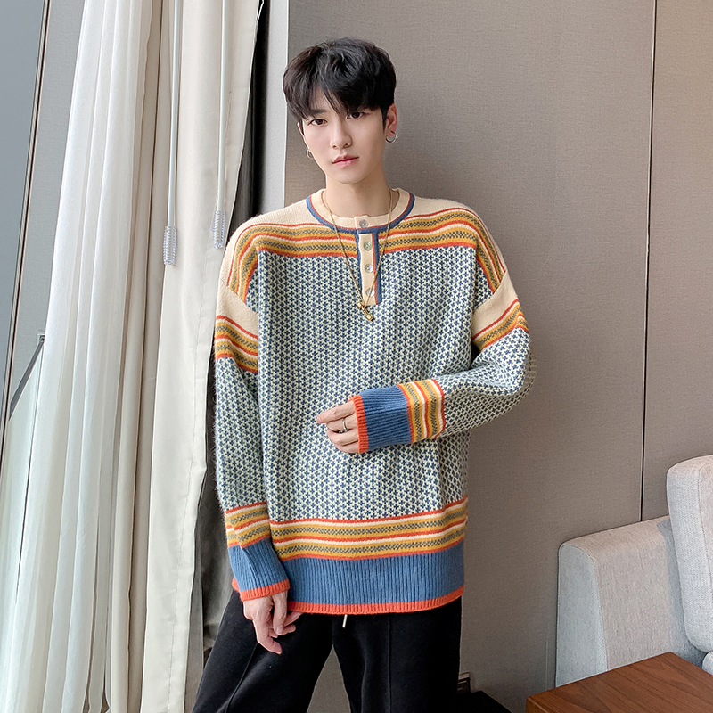 Fall / winter 2020 New Retro striped loose sweater men's contrast thickened T-shirt outerwear fashion