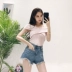 Dệt kim T-Shirt 2018 new sexy chữ thập cổ áo ra khỏi vai sọc màu slim Slim đáy áo áo len nữ công sở Áo / áo thun