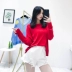 Mùa thu Hàn Quốc phiên bản của chic loose mỏng vòng cổ áo thun màu rắn giản dị hoang dã áo len dài tay T-Shirt phụ nữ