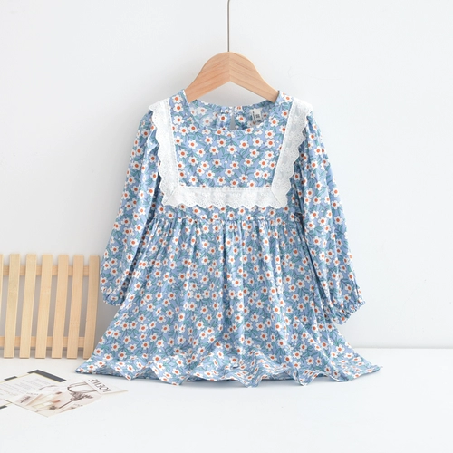 Детская осенняя кружевная юбка, детское платье с рукавами для принцессы, коллекция 2021, в западном стиле, в цветочек, длинный рукав