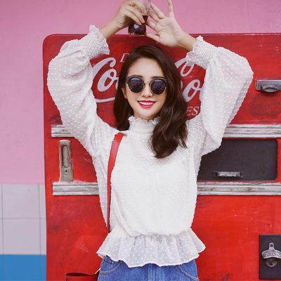 杨姗姗elwing原创春装雪纺衫长袖复古宫廷真丝两件套气质上衣女装