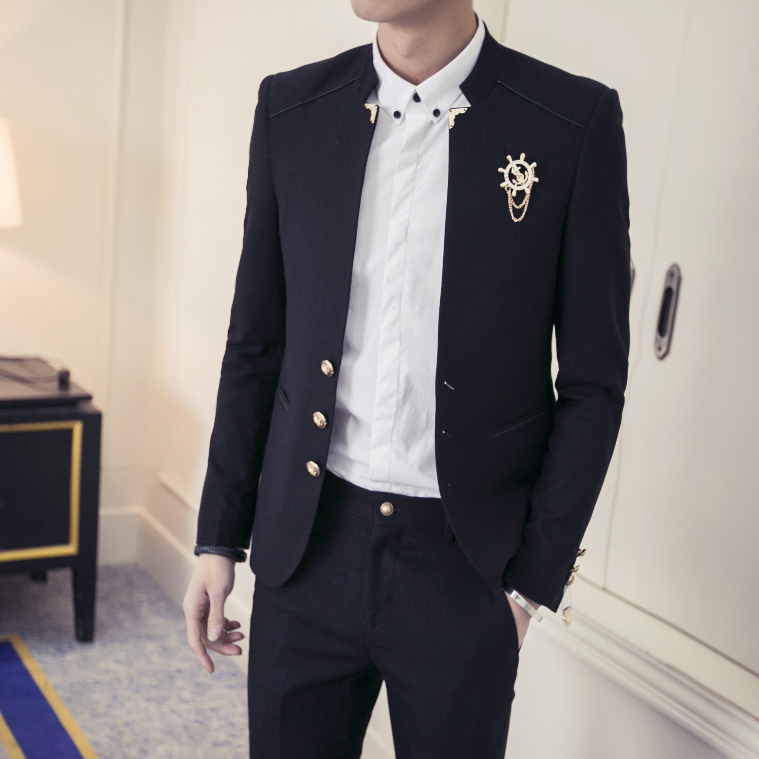 新款春夏装男士休闲西装套装修身青年韩版立领西服 305-xy36-p210