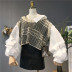 Đặc biệt mùa thu quần áo phụ nữ mới rượu vang retro áo len hoang dã kẻ sọc vest khâu giả hai áo dài tay áo sơ mi kaki Áo sơ mi