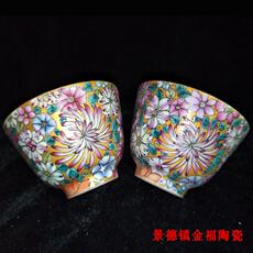 Чайная чашка 景德镇文革瓷器厂货陶瓷粉彩手绘金地万花二缸盅茶杯盏万花不落地