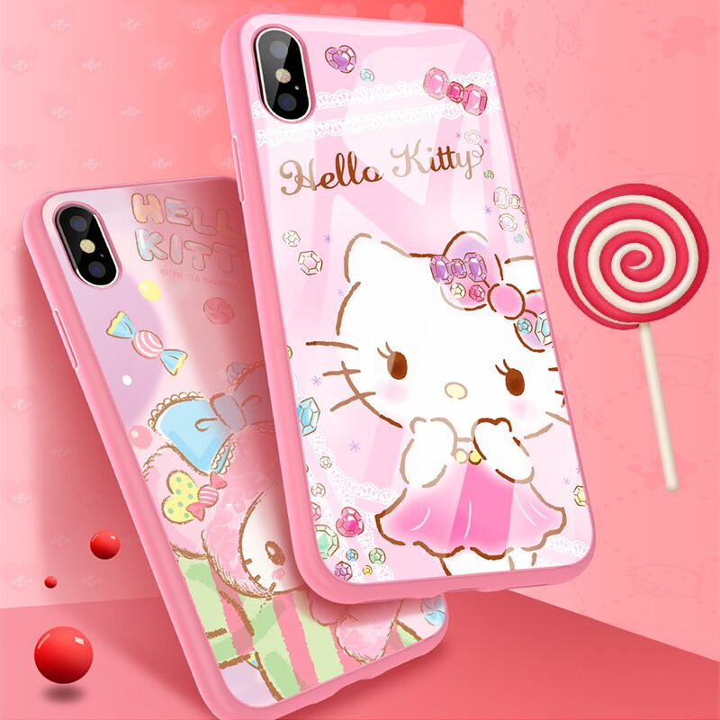 X-Doria Hello Kitty & My Melody & Little Twin Stars Tempered Glass Back Case Cover for Apple iPhone X