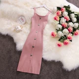 Весеннее осеннее длинное трикотажное платье без рукавов, в корейском стиле, эффект подтяжки, средней длины