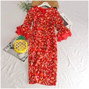 Taotao quần áo mùa hè mới dài váy màu V-Cổ phần mỏng trumpet tay áo đầm voan nữ 30960