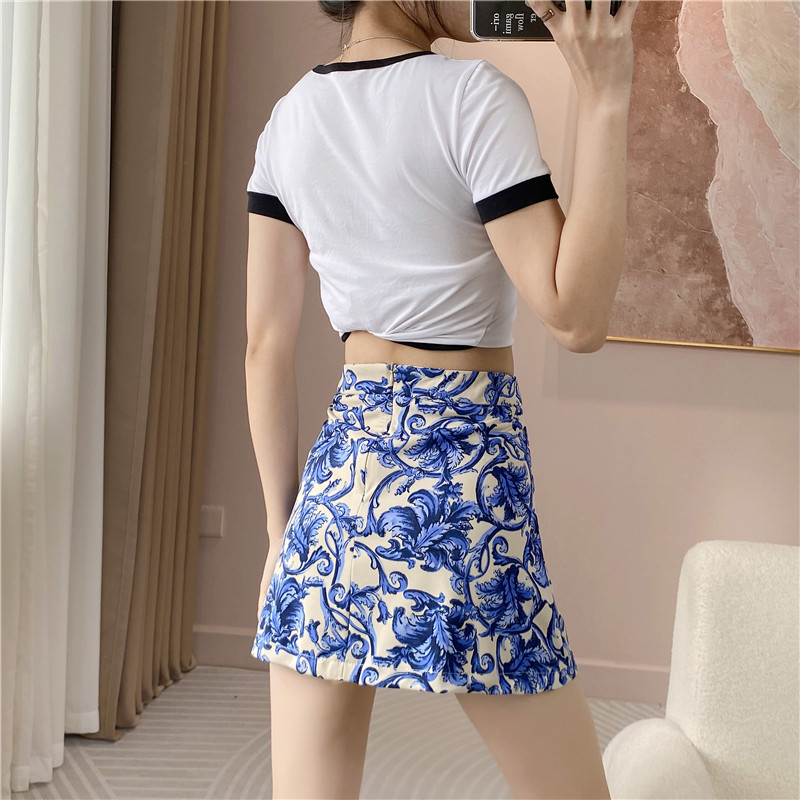 Xia Women's High Waist Hip-wrap Printed Slim Skirt Blue and White ...