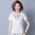 Phức tạp văn học cotton và vải lanh hàng đầu của phụ nữ ngắn tay năm 2021 mùa hè mới cộng với kích thước phong cách dân tộc áo phông mỏng rộng rãi của phụ nữ - Áo sơ mi