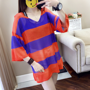 2018 mới mùa xuân và mùa hè lỏng V-Cổ màu sọc phần mỏng năm điểm tay áo len áo len T-Shirt áo sơ mi nữ sinh viên